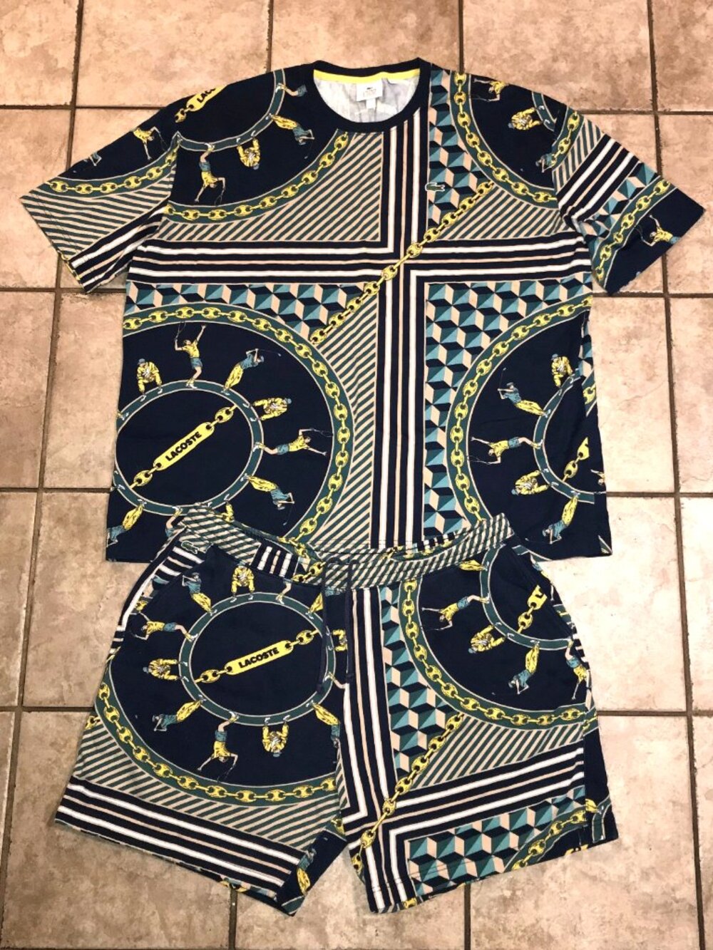 Men's Vintage Lacoste Live Scarf Shirt & Shorts Set-Golf, Tennis, Chains-Size 2X